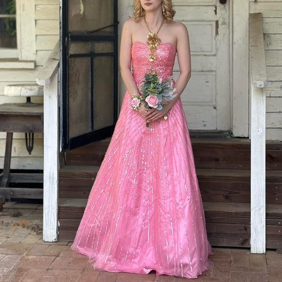 pink princess sparkly ball gown  lace up corset prom dress